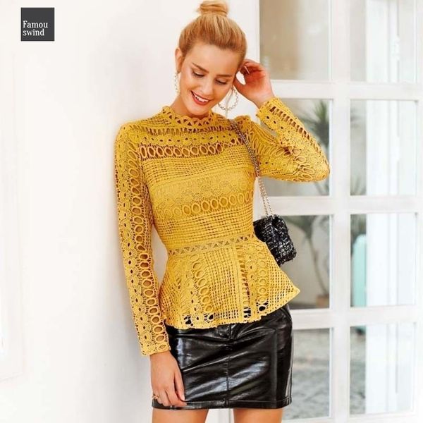 

элегантный кружева блуза выдалбливают баски топы рубашки женщины ruffles с длинным рукавом белая блузка женский зима офис леди, White