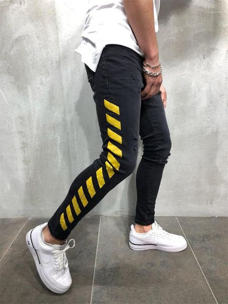 

casual mens mid waist clothing black hiphop striped printed mens jeans fashion holes mens skinny pencil pants, Blue