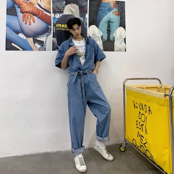 

new 2019 hip hop light blue short sleeve denim jumpsuit loose fit -xxl