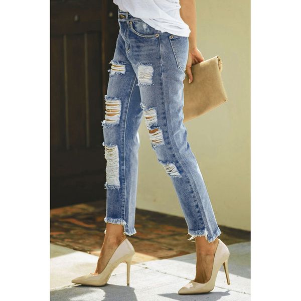 

kelce destroyed boyfriend denim dropship jeans are popular to style, Blue