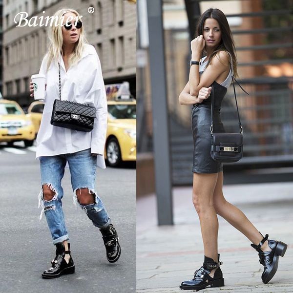 

baimier gold silver buckle ankle for fashion brand low heel shoes motorcycle spring autumn boots women y200115, Black
