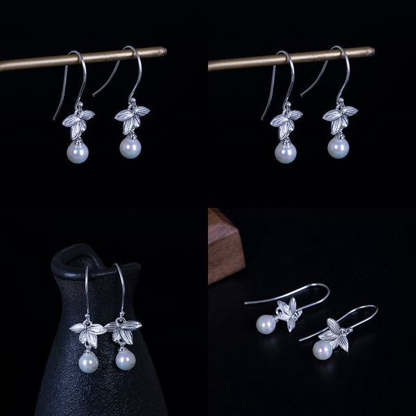 

925 silver classical literature four ear hook of leaf grass woman nation wind natural fritillaria thunbergii pearl short fund earrings, Golden