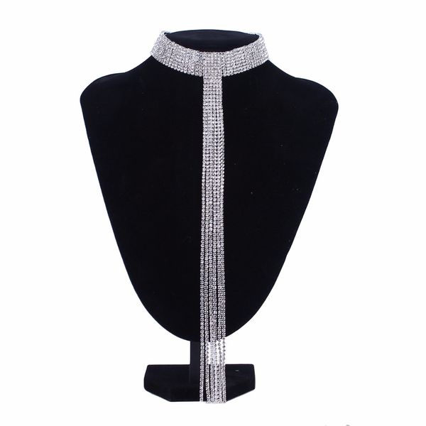 

2018 new europe america brand full rhinestone touques personalized long tassel necklace fashion choker neck accessory, Silver