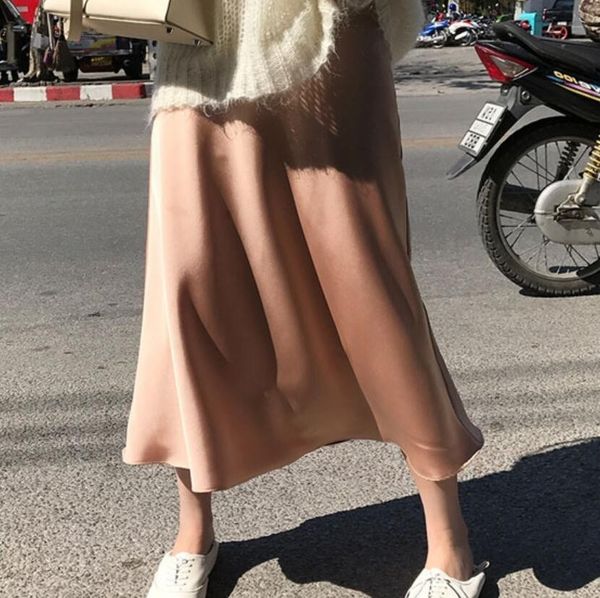 

2019 spring women high waist elegant skirt shiny imitation silk long skirts faldas mujer female solid slim femme, Black