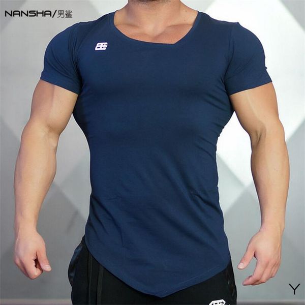 

sell 2019 summer new fashion brand mens gyms clothing v-neck solid color short sleeve slim fit t shirt men cotton t-shirt, White;black