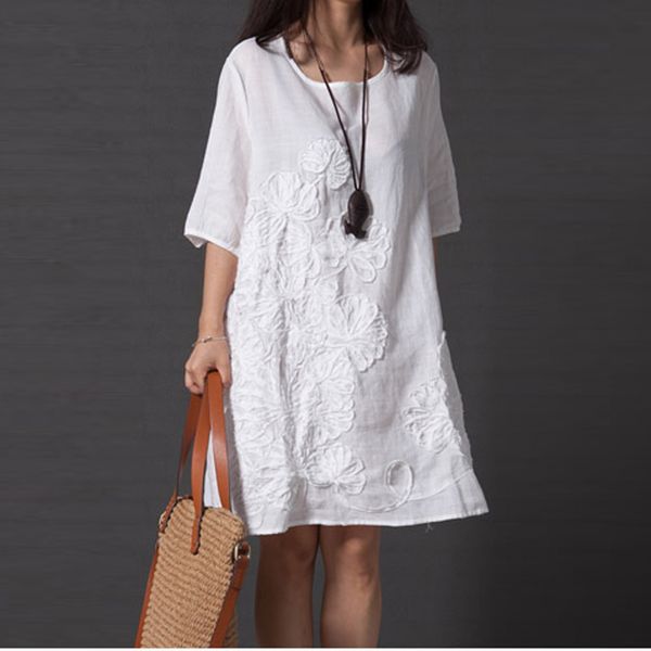 

telotuny women clothing cotton linen floral patchwork summer dress formal dress women plus size maternity dresses jl 19 y190522, White