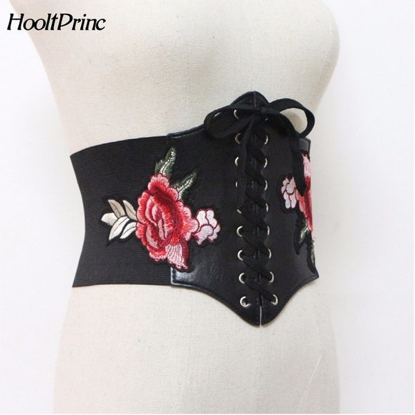 

2018 new women rose embroidery ultra wide adjustable slim body corset belt pu leather retro design comfortable elastic belt, Black;brown