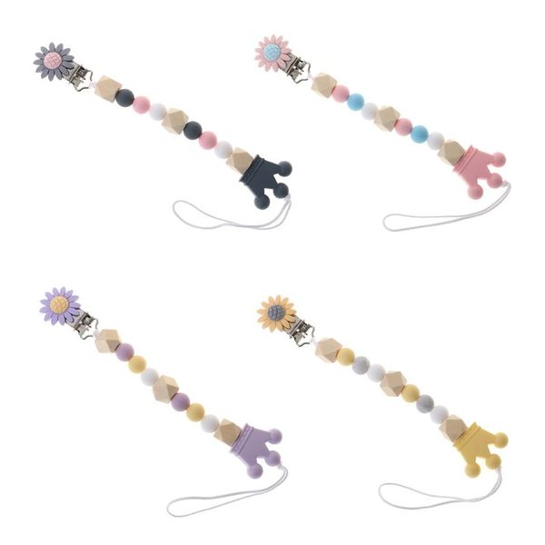 

pacifier chain food grade silicone wood beads crown cartoon flower pendant strap nipple teether towel support newborn toddler hm