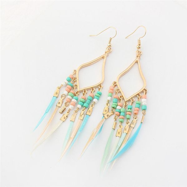 

exotic rhombus-shaped feather tassel long earrings creative fashion rice beads retro original earrings for women jewelry rhq095, Silver