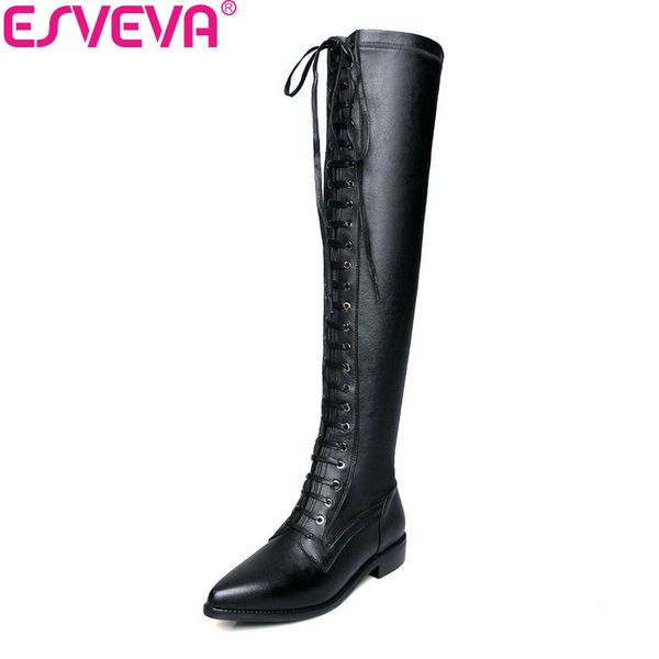 

esveva 2019 women boots stretch fabric leather zipper over the knee boots winter shoes pointed toe square heels long shoes 34-42, Black