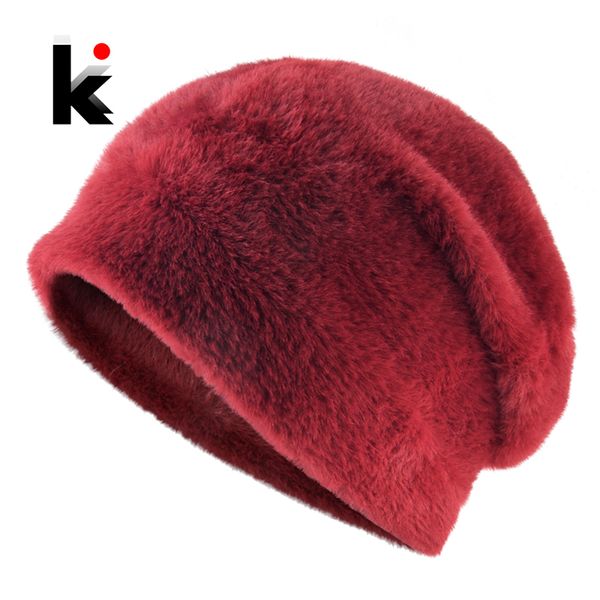 

winter beanie women solid color faux fur hats for ladies knitted imitate wool bonnet cap female skullies beanies, Blue;gray