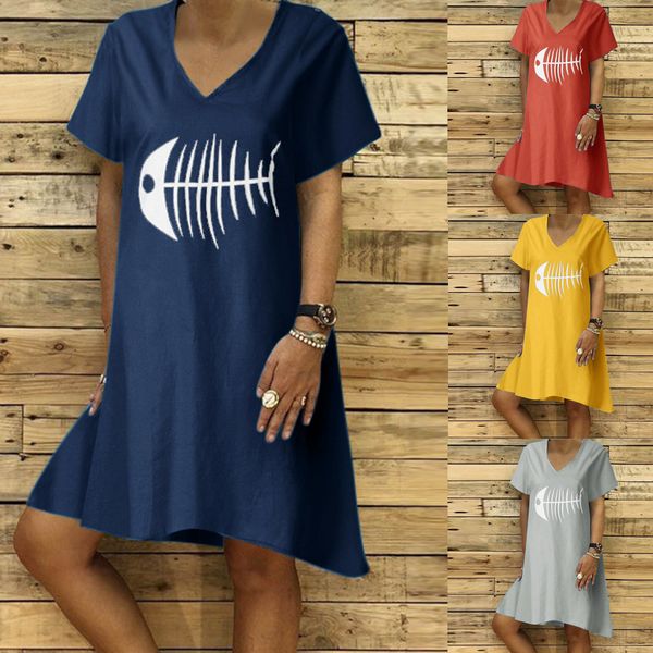 

2019 new summer women dress plus size style v-neck printed cotton and linen casual plus size beach sundress, Black;gray