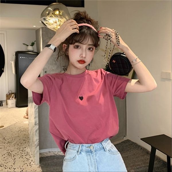 

2020 love embroidery embroidery loose all-match round collar short sleeve t-shirt women's ins fashion, White