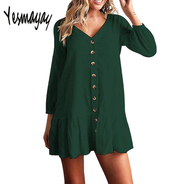

Women Autumn Dresses V Neck Cotton Linen Dress Femme 2018 Mini Casual Ruffle Long Sleeve T Shirt Dress Women Linen