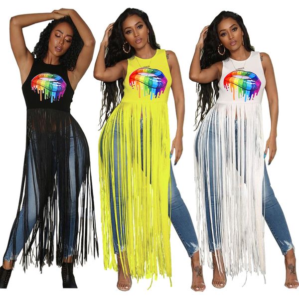 

designer swimsuit yt3165 one-piece cross-border lip print stitching tassel vest top, Black;gray