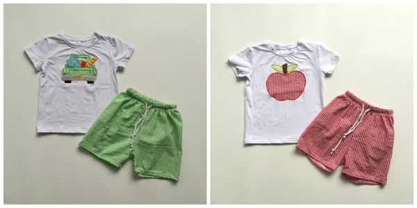 

2 colors new fall/summer baby boy back to school apple plaid truck shorts cotton boutique sets outfits children clothes kidswear, White