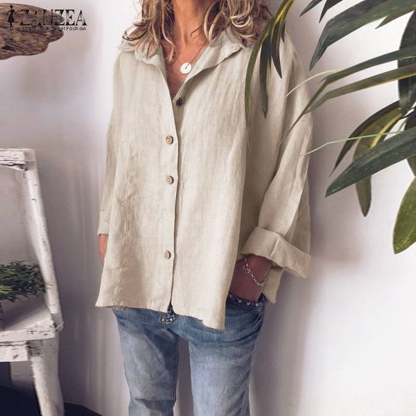 

2020 zanzea женщины отворот шеи с длинным рукавом рубашка весна блузка женский твердые пуговицы вниз топ туника свободные хлопчатобумажные л, White
