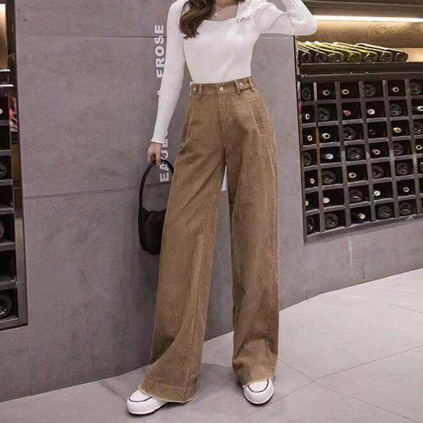

women's corduroy thick pants wide leg pant for women high and elastic waist casual straight trousers lady office pants, Black;white