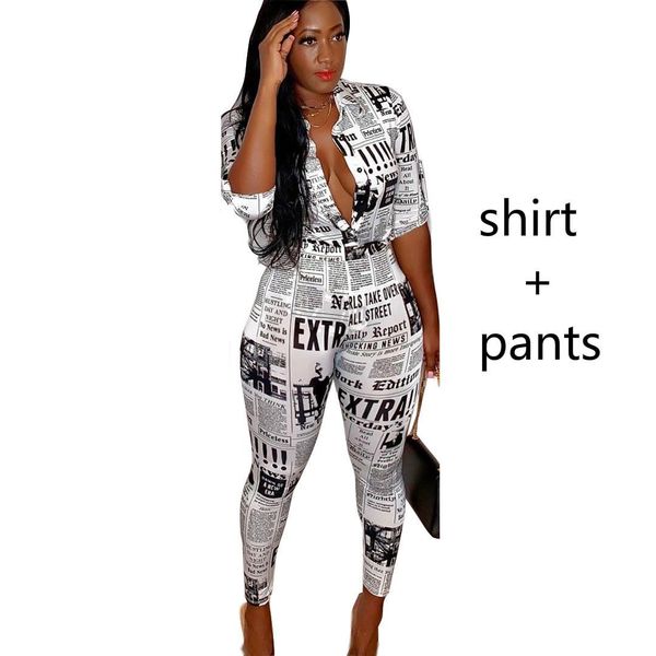 

women two piece outfits newspaper printing spring spring fashion turn-down collar tracksuit for women fashion, Gray