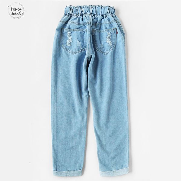 

ripped cuffed jeans women blue fashion printing drawstring mid waist denim modern pants offset casual pockets cropped jeans