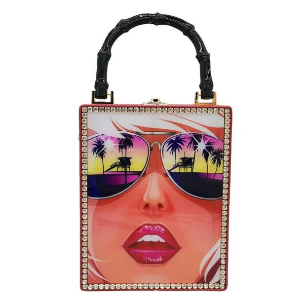 

boutique de fgg "lady face" print faux leather women bamboo handle shoulder hanadbags crossbody bag box totes purses bag