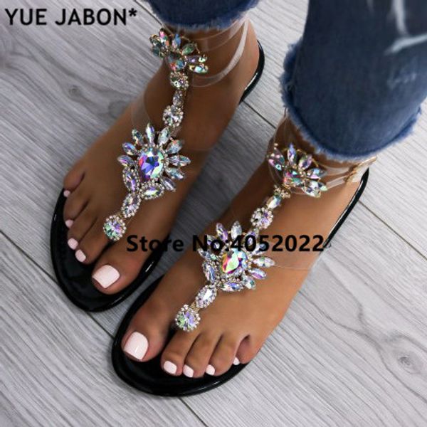 

yue jabon 2018 shoes woman sandals women rhinestones chains flat sandals thong crystal flip flops gladiator 43, Black