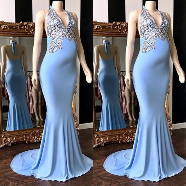 Sexy Cheap Céu azul sereia grávida vestidos de baile prata apliques de prata varrer varrer trem halter v pescoço retrocesso festa formal vestidos de noite