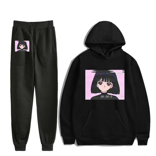 

vaporwave belt hoodies cap sweater trousers motion suit hoodie, Blue;black