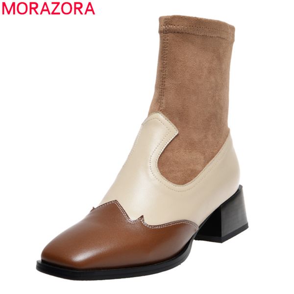 

morazora 2020 new arrive fashion black brown women brand boots med heels square toe mixed colors genuine leather ankle boots