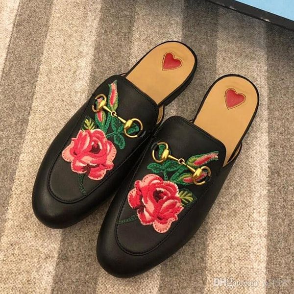 

новой высокого качества моды кожаных тапочек металлических пряжек половина тапочек плоские случайные женские тапочки с оригинальной упаковко, Black