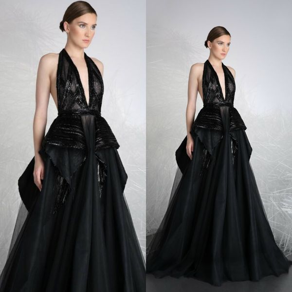 

2019 tony ward black evening dresses halter lace sequins a line backless prom dress custom made tiered skirts special occasion gowns, Black;red