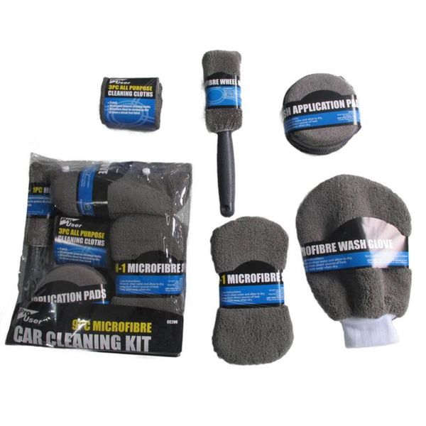 

9pcs/set car cleaning kit microfibre car wash cleaning tools set gloves towels applicator pads sponge care kit wheel brush