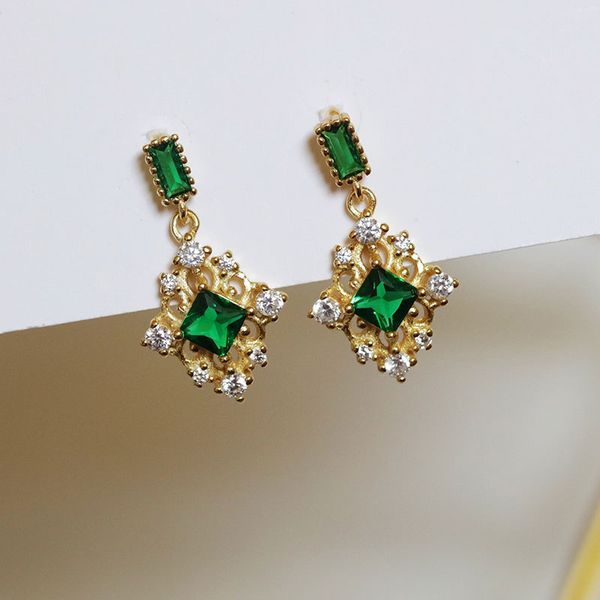 

925 sterling silver rhombic pendant stud earrings green cubic zirconia women earrings gold vintage classic jewelry brincos 2020, Golden;silver