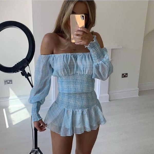 

2020 women long sleeve pleated ruffles off shoulder beach dress
