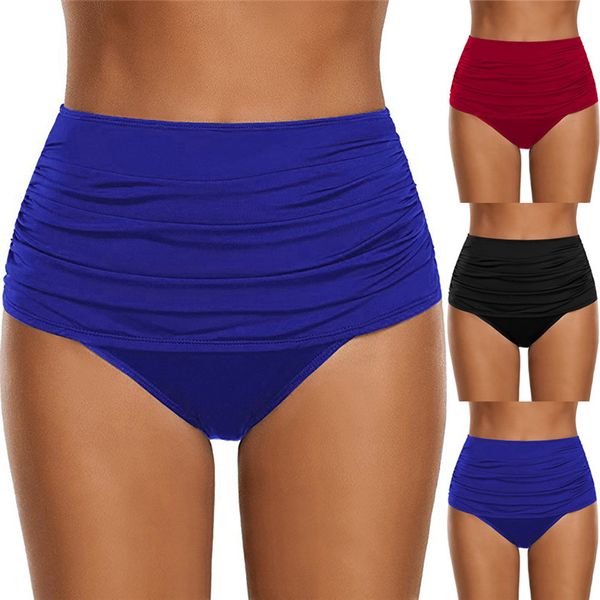 

solid pleated triangle swim trunks women's high waisted swim bottom ruched bikini tankini swimsuit briefs plus size #2y21