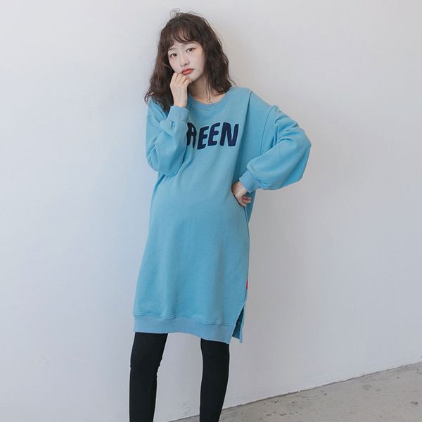 

maternity elegant letter long shirt dresses autumn pregnant women long sleeve dress blouse loose round neck pregnancy clothes, White