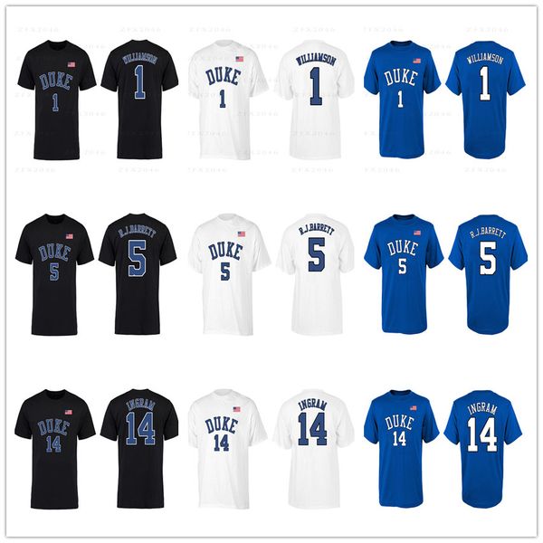 

ncaa duke blue devils 1 zion williamson mens designer t-shirts 5 rj barrett 14 ingram short sleeve fans tee printed brand logo, Black