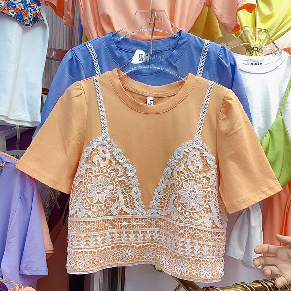 

cropped t shirt for women short sleeve t-shirt summer new round neck stitching lace strap t shirt girls ladies sll-match, White