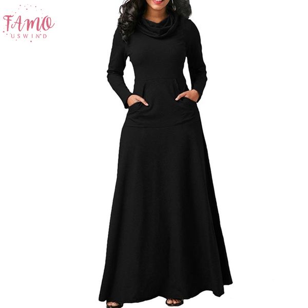 

women maxi dress with pocket casual solid long sleeve vintage long dress bow neck elegant warm long dress robe vestidos, Black;gray
