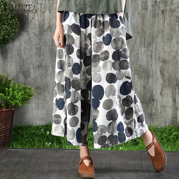 

2019 zanzea women elastic waist pants casual cotton linen long wide leg trousers vintage polka dot party loose pantalon female, Black;white