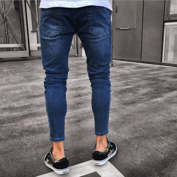 

europe and america 2019 new style quality with holes drum arrangement skinny have elasticity cowboy men's trousers, Blue