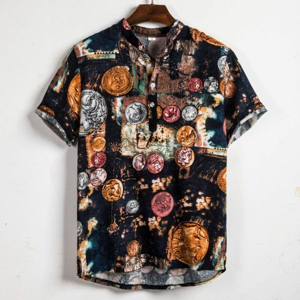 

men casual style shirts short sleeve length single button closure type print pattern turn-down collar regular sleeve style, White;black