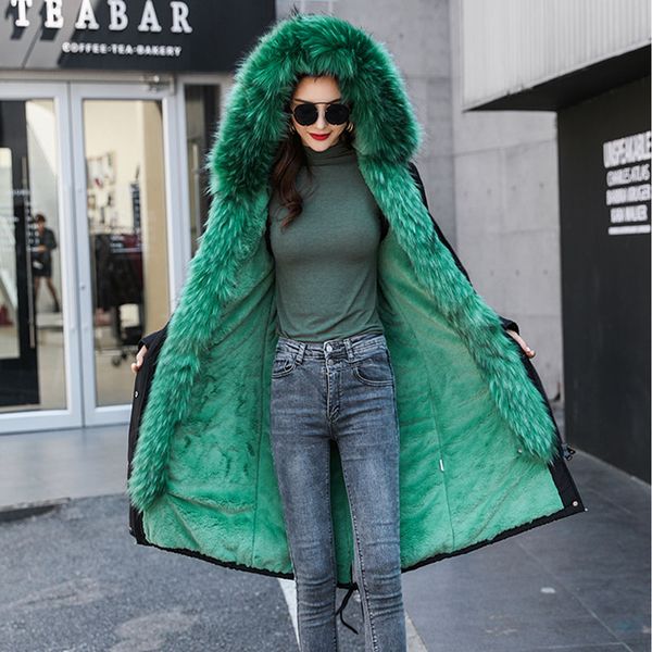 

2019 casual winter jacket women contrast color long waterproof fur hooded slim warm thick winter coat women plus size, Black