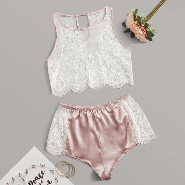 

women satin silk lace sleepwear lace v neck sleeveless lingerie +nightwear shorts women pajamas sets underwear z0519, Black;red