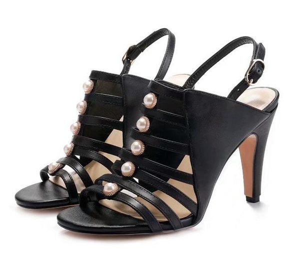 

[orignal box] new arrival womens high heels 85mm pearl sandals ladies slingbacks suede sheepskin summer breathe shoes 35-40, Black