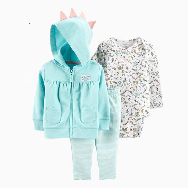 

3pcs newborn baby boy girl clothes sets 2020 spring fall animals floral warm hooded coat+romper+pants infant baby outfits, White