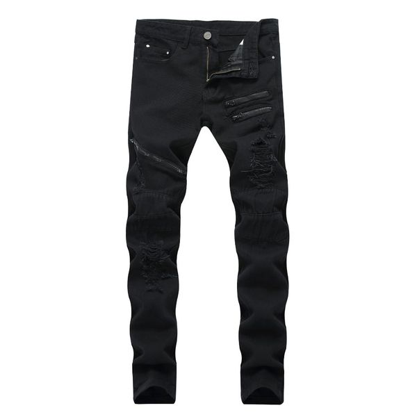 

qmgood plus size ripped jeans for men slim zipper denim skinny men pants distressed jeans trousers hip hop black homme, Blue