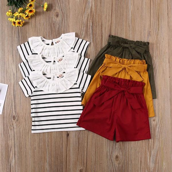 

clothing sets 0-24m toddler baby girl clothes striped ruffles sleeve t-shirt shorts sunsuit outfits 2pcs, White