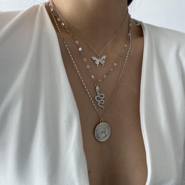

diezi elegant multilayer vintage chain collar necklace for women snake butterfly pendant choker necklace 2020 new jewelry, Silver