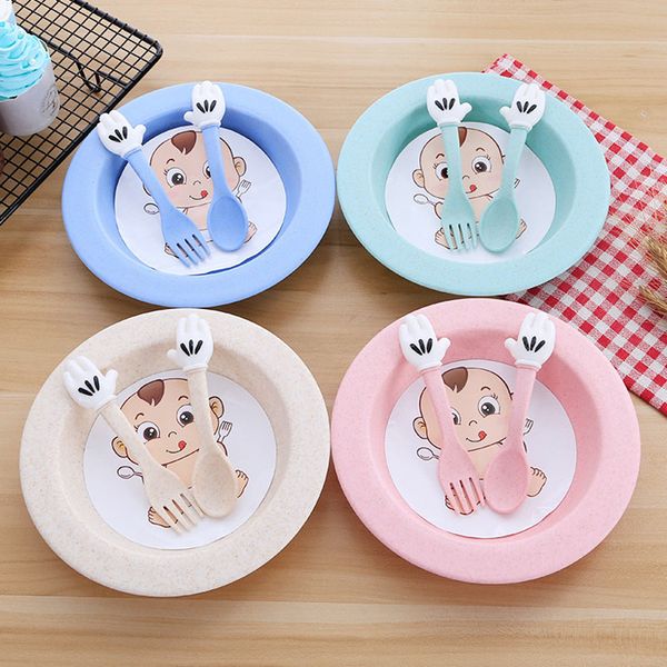 

3 pcs/set baby wheat straw tableware solid cute dishes kids feeding plate bowl eco-friendly children training dinnerware
